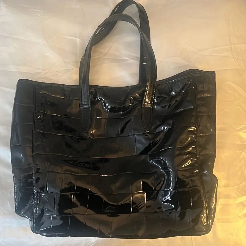 Yves Saint Laurent Rive Gauche Black Patent Leather Croc Embossed Raspail Tote - Picture 6 of 8